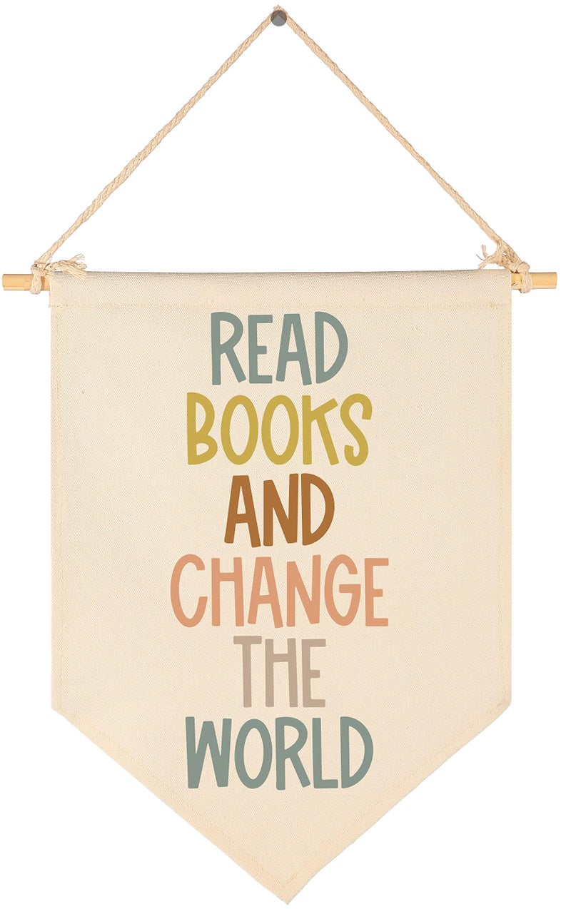 FYSIA Read Books And Change The World-Classroom Decor-Inclusive Classroom Decor-Welcome Gift-Teacher Gift-Canvas Hanging Pennant Flag Banner Wall Sign Decor Gift-Birthday Christmas Gift - Image 1